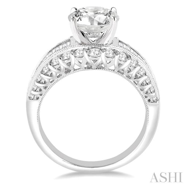 1 1/2 Ctw Baguette and Round Cut Diamond Round Shape Semi-Mount Engagement Ring in 14K White Gold