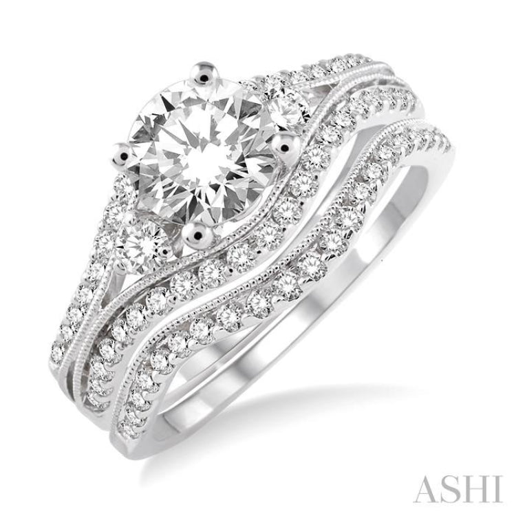 1 1/10 ctw Diamond Wedding Set with 1 ctw Round Cut Engagement Ring and 1/6 ctw Wedding Band in 14K White Gold