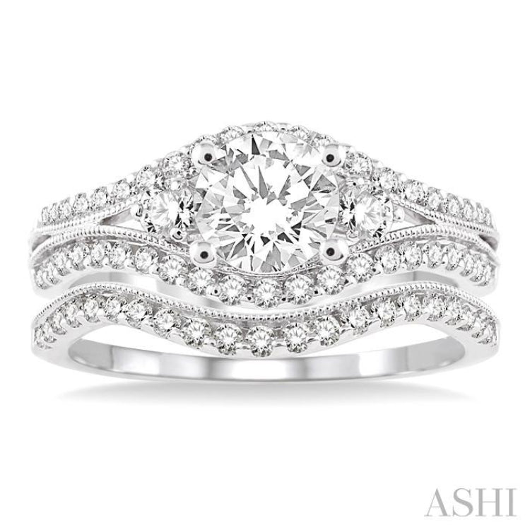1 1/10 ctw Diamond Wedding Set with 1 ctw Round Cut Engagement Ring and 1/6 ctw Wedding Band in 14K White Gold