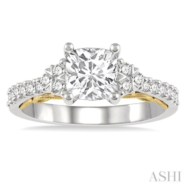 1/3 Ctw Cushion Shape Tri Mount Round Cut Diamond Semi-Mount Engagement Ring in 14K White and Yellow Gold