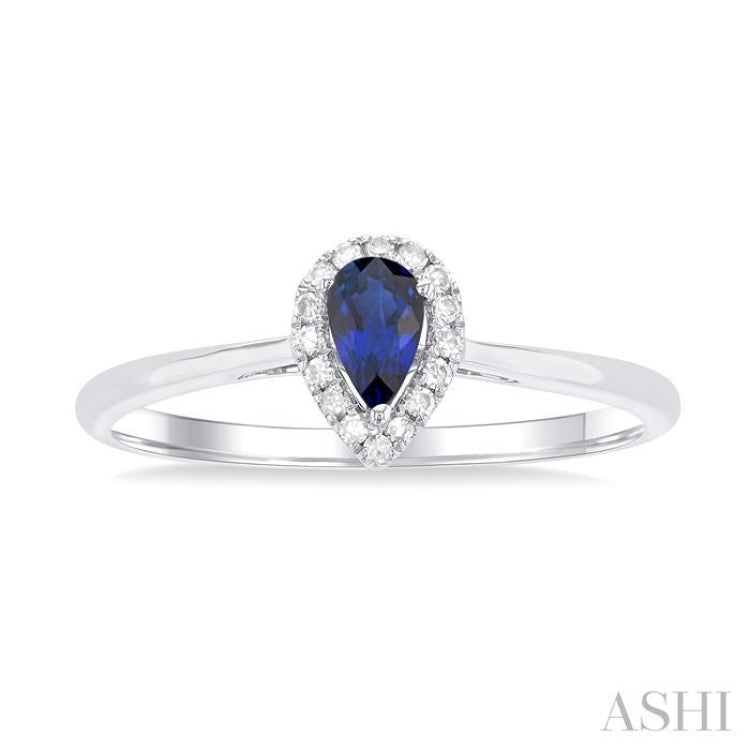 5x3 MM Pear Shape Sapphire and 1/20 Ctw Single Cut Diamond Halo Precious Ring in 10K White Gold