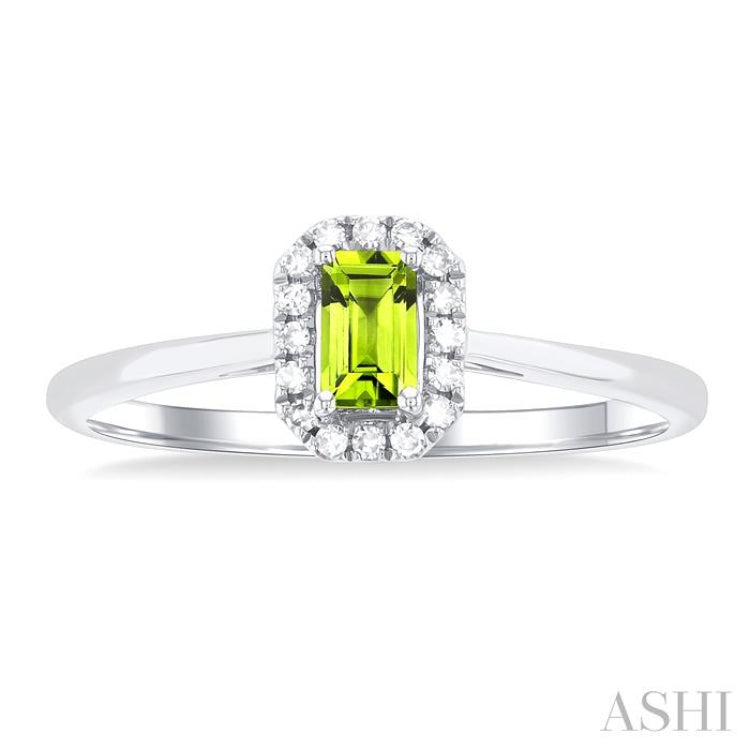 5x3 MM Octagonal Shape Peridot and 1/20 Ctw Single Cut Diamond Halo Semi-Precious Ring in 10K White Gold