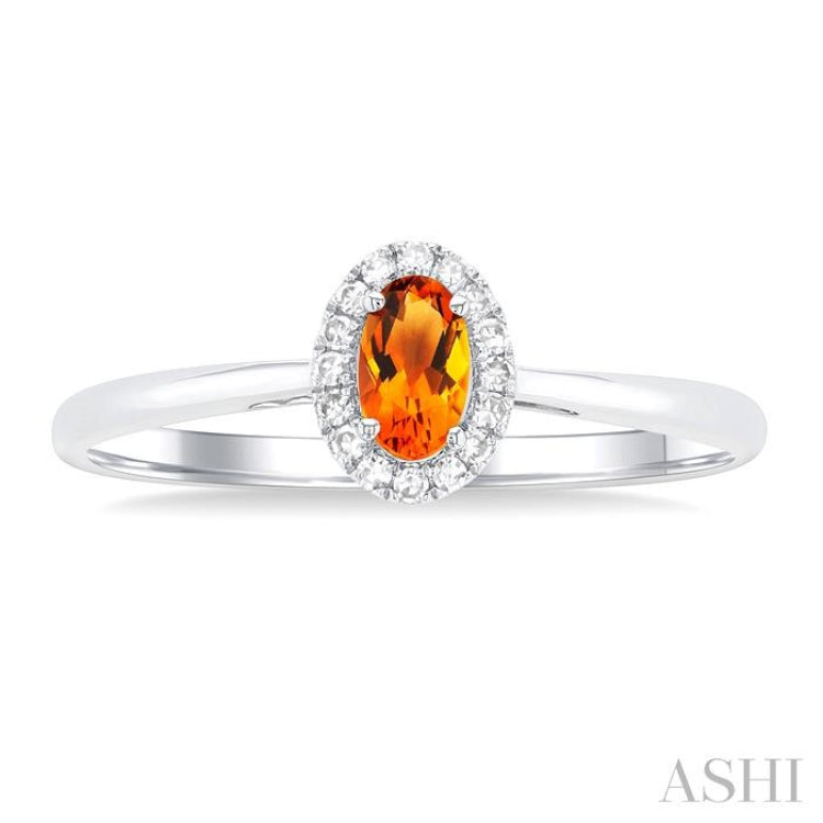 5x3 MM Oval Shape Citrine and 1/20 Ctw Single Cut Diamond Halo Semi-Precious Ring in 14K White Gold