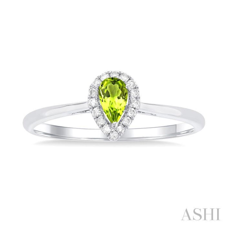 5x3 MM Pear Shape Peridot and 1/20 Ctw Single Cut Diamond Halo Semi-Precious Ring in 10K White Gold