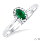 5x3 MM Oval Shape Emerald and 1/20 Ctw Single Cut Diamond Halo Precious Ring in 10K White Gold