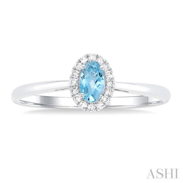 5x3 MM Oval Shape Aquamarine and 1/20 Ctw Single Cut Diamond Halo Semi-Precious Ring in 14K White Gold