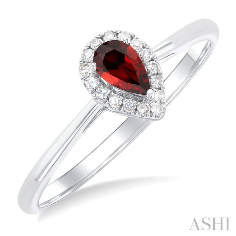 5x3 MM Pear Shape Garnet and 1/20 Ctw Single Cut Diamond Halo Semi-Precious Ring in 14K White Gold