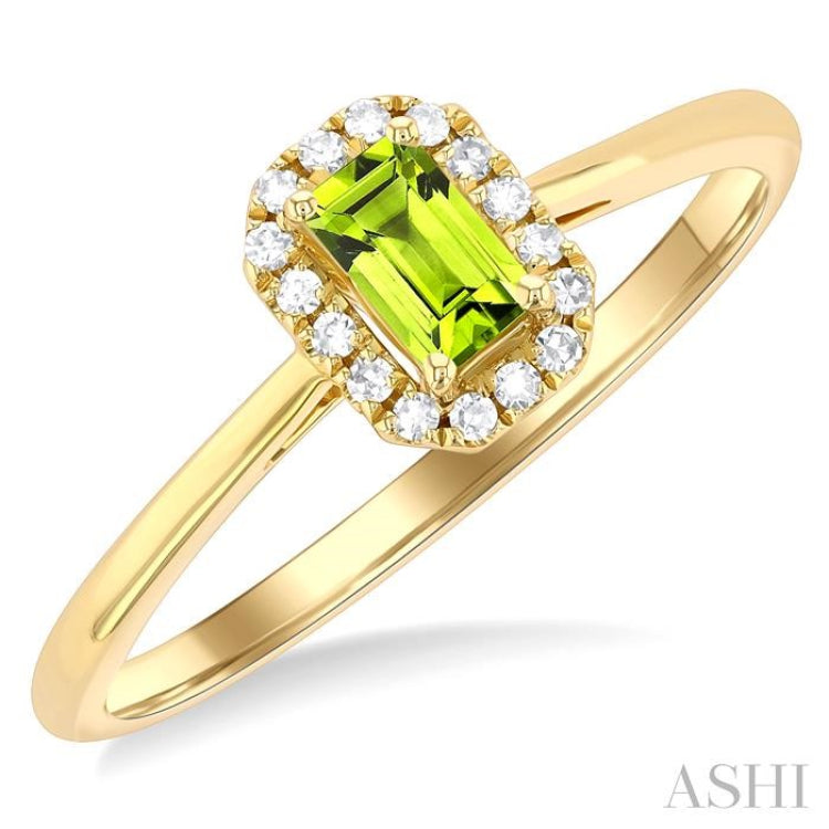 5x3 MM Octagonal Shape Peridot and 1/20 Ctw Single Cut Diamond Halo Semi-Precious Ring in 14K Yellow Gold