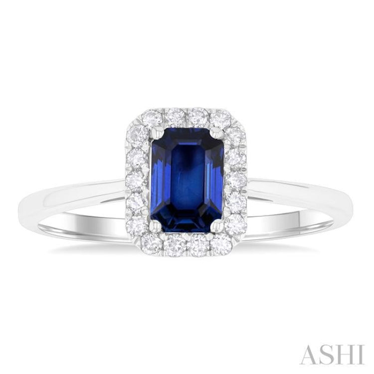 6x4 MM Octagonal Shape Sapphire and 1/6 Ctw Round Cut Diamond Halo Precious Ring in 10K White Gold