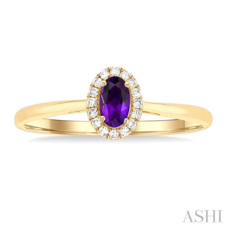 5x3 MM Oval Shape Amethyst and 1/20 Ctw Single Cut Diamond Halo Semi-Precious Ring in 14K Yellow Gold