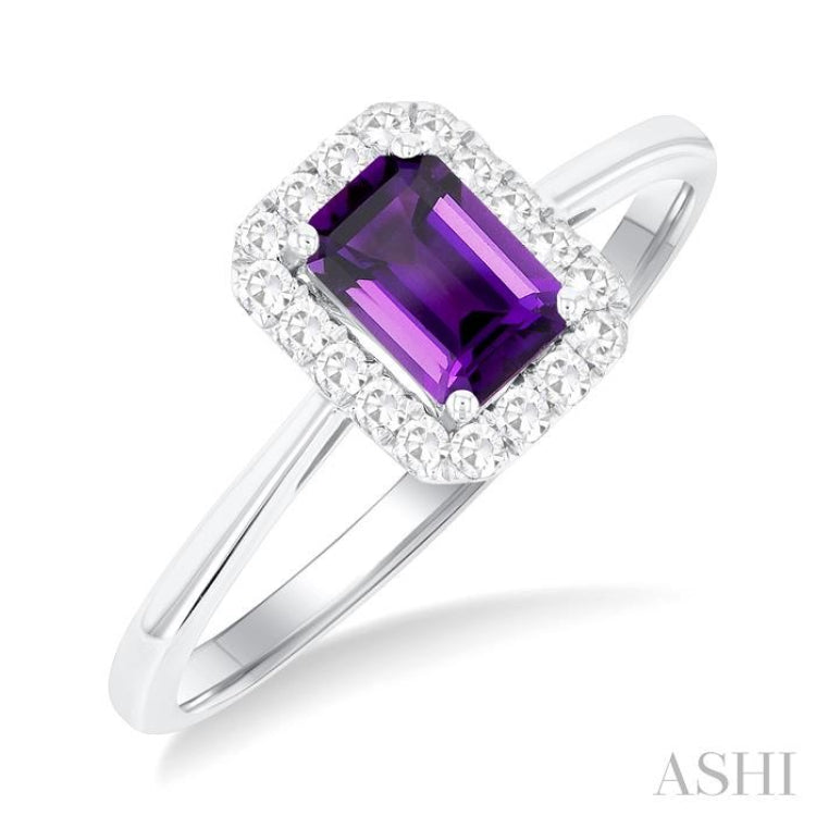 6x4 MM Octagonal Shape Amethyst and 1/6 Ctw Round Cut Diamond Halo Semi-Precious Ring in 14K White Gold