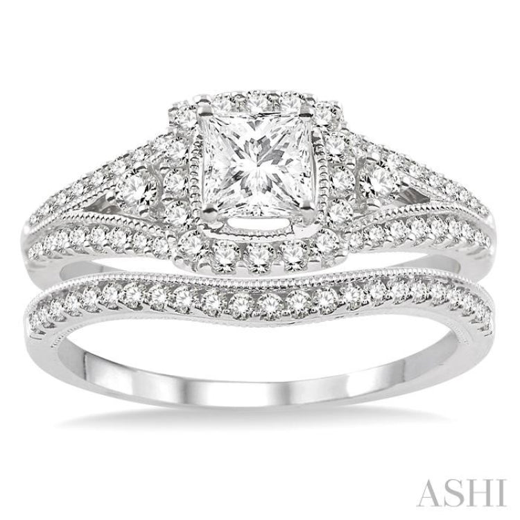 7/8 ctw Diamond Wedding Set with 3/4 ctw Princess Cut Engagement Ring and 1/6 ctw Wedding Band in 14K White Gold