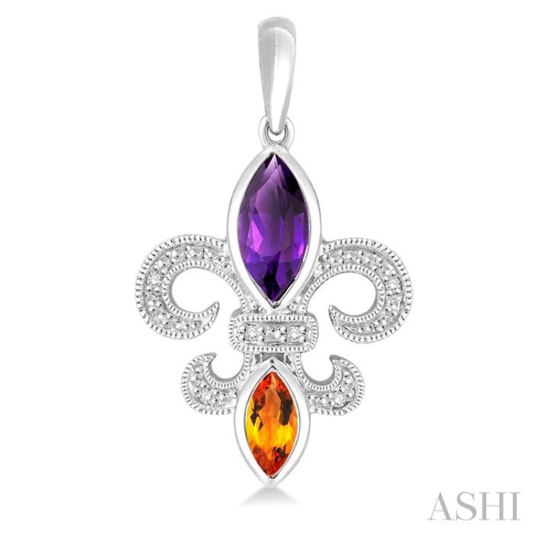8x4 MM Marquise Cut Amethyst, 6x3 MM Marquise Cut Citrine and 1/20 ctw Round Cut Diamond Fleur De Lis Earrings in Sterling Silver