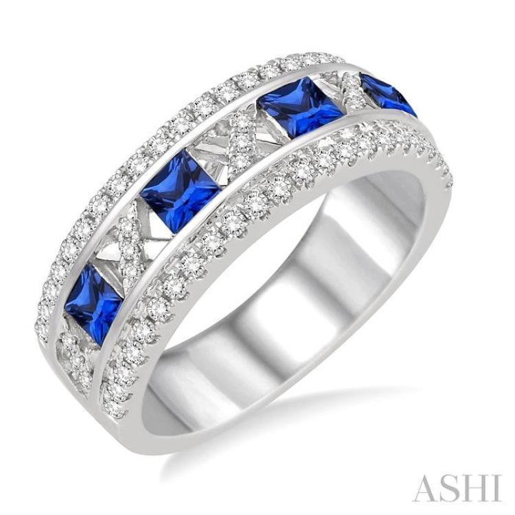 3x3 MM Princess Cut Sapphire and 3/8 ctw Round Cut Diamond Precious Ring in 14K White Gold