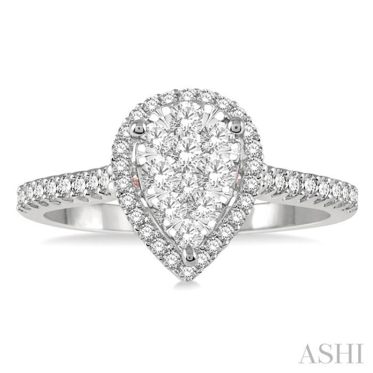 1/2 ctw Pear Shape Round Cut Diamond Lovebright Ring in 14K White and Rose Gold