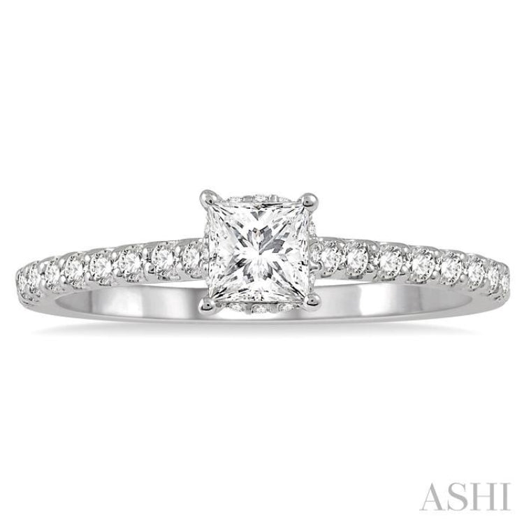 5/8 ctw Princess Center Stone Ladies Engagement Ring with 3/8 Ct Princess Cut Center Stone in 14K White Gold