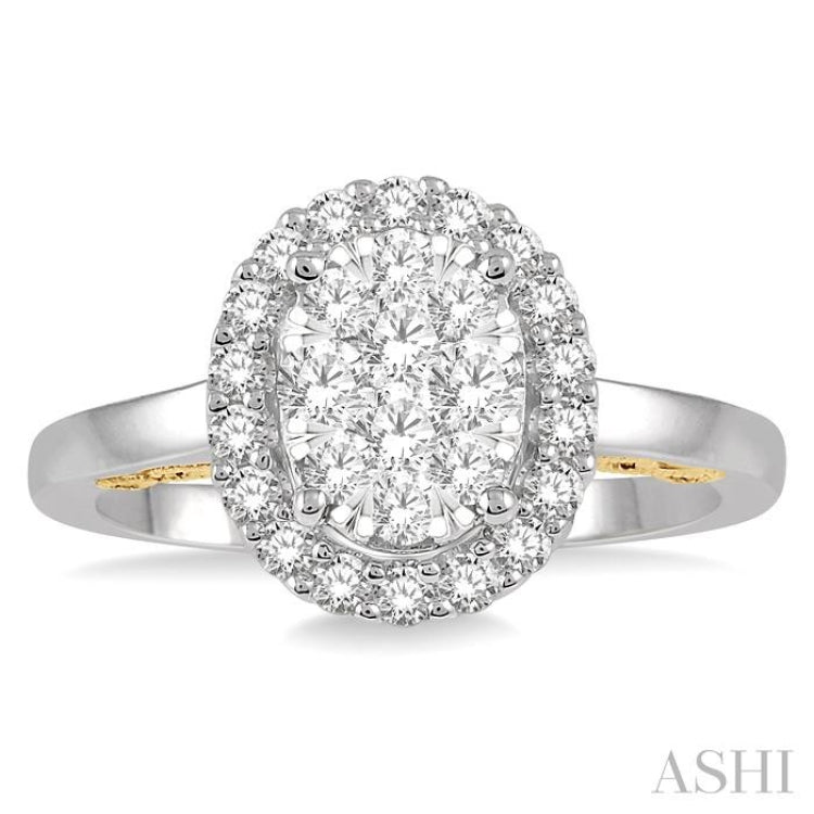 3/4 ctw Oval Shape Lovebright Round Cut Diamond Ring in 14K White and Yellow Gold