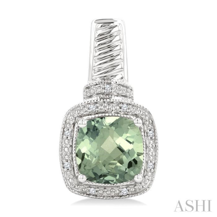8x8 MM Cushion Shape Green Amethyst and 1/20 ctw Single Cut Diamond Earrings in Sterling Silver