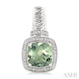 8x8 MM Cushion Shape Green Amethyst and 1/20 ctw Single Cut Diamond Earrings in Sterling Silver
