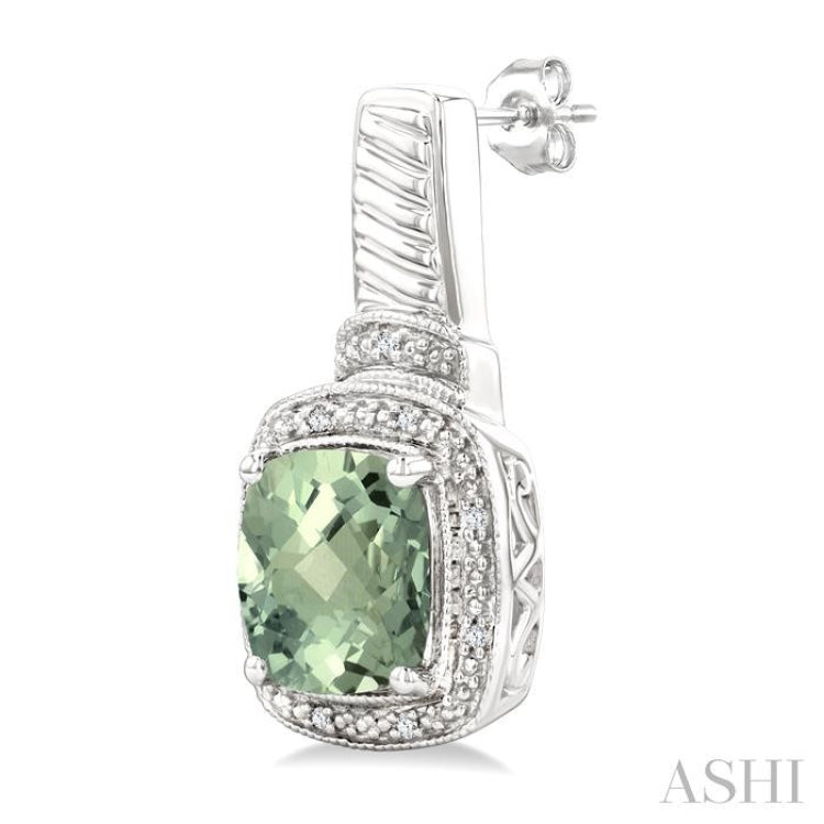 8x8 MM Cushion Shape Green Amethyst and 1/20 ctw Single Cut Diamond Earrings in Sterling Silver