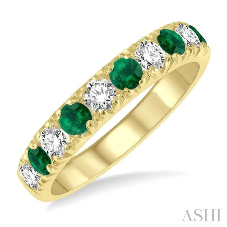 2.9 MM Emerald and 1/2 ctw Round Cut Diamond Precious Wedding Band in 14K Yellow Gold