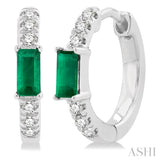 4X2 MM Baguette Cut Emerald and 1/8 Ctw Petite Round Cut Diamond Fashion Huggies in 10K White Gold