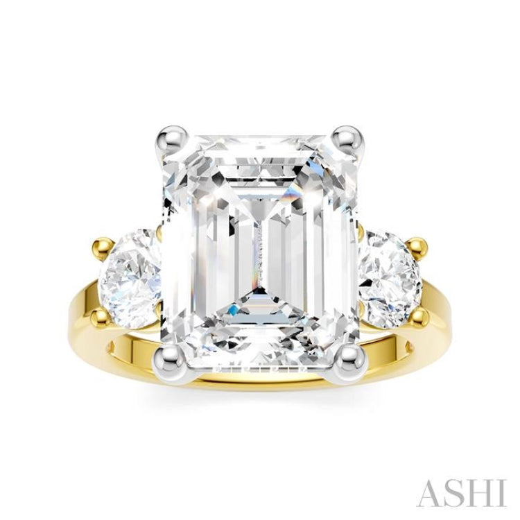 1 1/10 Ctw Tri-Mount Emerald Shape Center Round Cut Diamond Semi-Mount Engagement Ring in 14K Yellow and White Gold