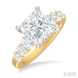 1 1/4 Ctw Princess Shape Oval and Round Cut Diamond Semi Mount Engagement Ring in 14K Yellow and White Gold