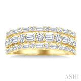 1 1/2 ctw Triple Row Emerald, Baguette and Round Cut Diamond Fashion Band in 14K Yellow Gold
