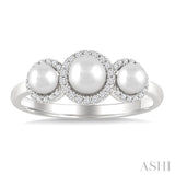 1/6 Ctw Past, Present & Future 4MM & 5MM Cultured Pearl and Round Cut Diamond Halo Ring in 14K White Gold