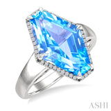 16X10 MM Evoque Gemstones Hexagon Shape Blue Topaz and 1/10 Ctw Round Cut Diamond Halo Semi-Precious Ring in 14K White Gold