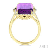 22X10 MM Evoque Gemstones Emerald Shape Amethyst and 0.80 MM Round Sapphire & 1/4 Ctw Round Cut Diamond Halo Semi-Precious Ring in 14K Yellow Gold