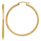 14k 2x40mm Satin Diamond-cut Round Tube Hoop Earrings