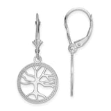 14K White Gold Tree of Life In Round Frame Dangle Leverback Earrings