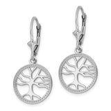14K White Gold Tree of Life In Round Frame Dangle Leverback Earrings