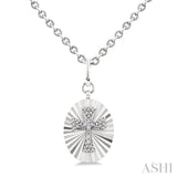 1/10 Ctw Oval Fluted Medallion Round Cut Diamond Pirouette Cross Pendant With Chain in Sterling Silver
