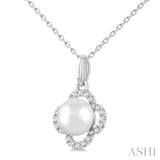 6 MM Cultured Pearl and 1/10 Ctw Round Cut Diamond Clover Petite Fashion Pendant With Chain in 10K White Gold