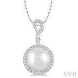 12 MM Cultured Pearl and 3/8 ctw Round Cut Diamond Pendant in 14K White Gold with chain