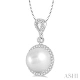 12 MM Cultured Pearl and 3/8 ctw Round Cut Diamond Pendant in 14K White Gold with chain