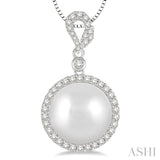 12 MM Cultured Pearl and 3/8 ctw Round Cut Diamond Pendant in 14K White Gold with chain