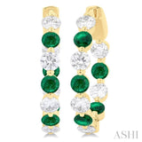 3.3 MM Round Cut Emerald and 1 5/8 ctw Round Cut Diamond Precious Inside-Out Alternating Hoop Earrings in 14K Yellow Gold