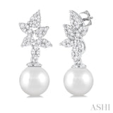 8 MM Cultured Pearl and 3/8 Ctw Round Cut Diamond Lovebright Fashion Earrings in 14K White Gold