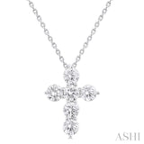 1.00 Ctw Round Cut Diamond Christian Cross 6-Stone Fashion Pendant With Chain in 14K White Gold