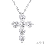 1.00 Ctw Round Cut Diamond Christian Cross 6-Stone Fashion Pendant With Chain in 14K White Gold
