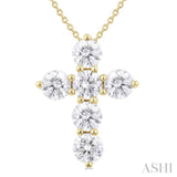 2.00 Ctw Round Cut Diamond Christian Cross 6-Stone Fashion Pendant With Chain in 14K Yellow Gold