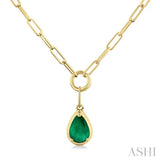 6x4 MM Pear Cut Emerald Solitaire Precious Paperclip Pendant With Chain in 10K Yellow Gold
