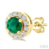 3.25 MM Round Emerald and 1/10 Ctw Round Cut Diamond Halo Precious Stud Earrings in 10K Yellow Gold