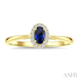 5x3 MM Oval Shape Sapphire and 1/20 Ctw Round Cut Diamond Halo Precious Ring in 10K Yellow Gold