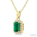 5x3 MM Octagonal Shape Emerald and 1/20 Ctw Round Cut Diamond Halo Precious Pendant with Chain in 10K Yellow Gold