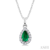 5x3 MM Pear Shape Emerald and 1/20 Ctw Round Cut Diamond Halo Precious Pendant with Chain in 10K White Gold